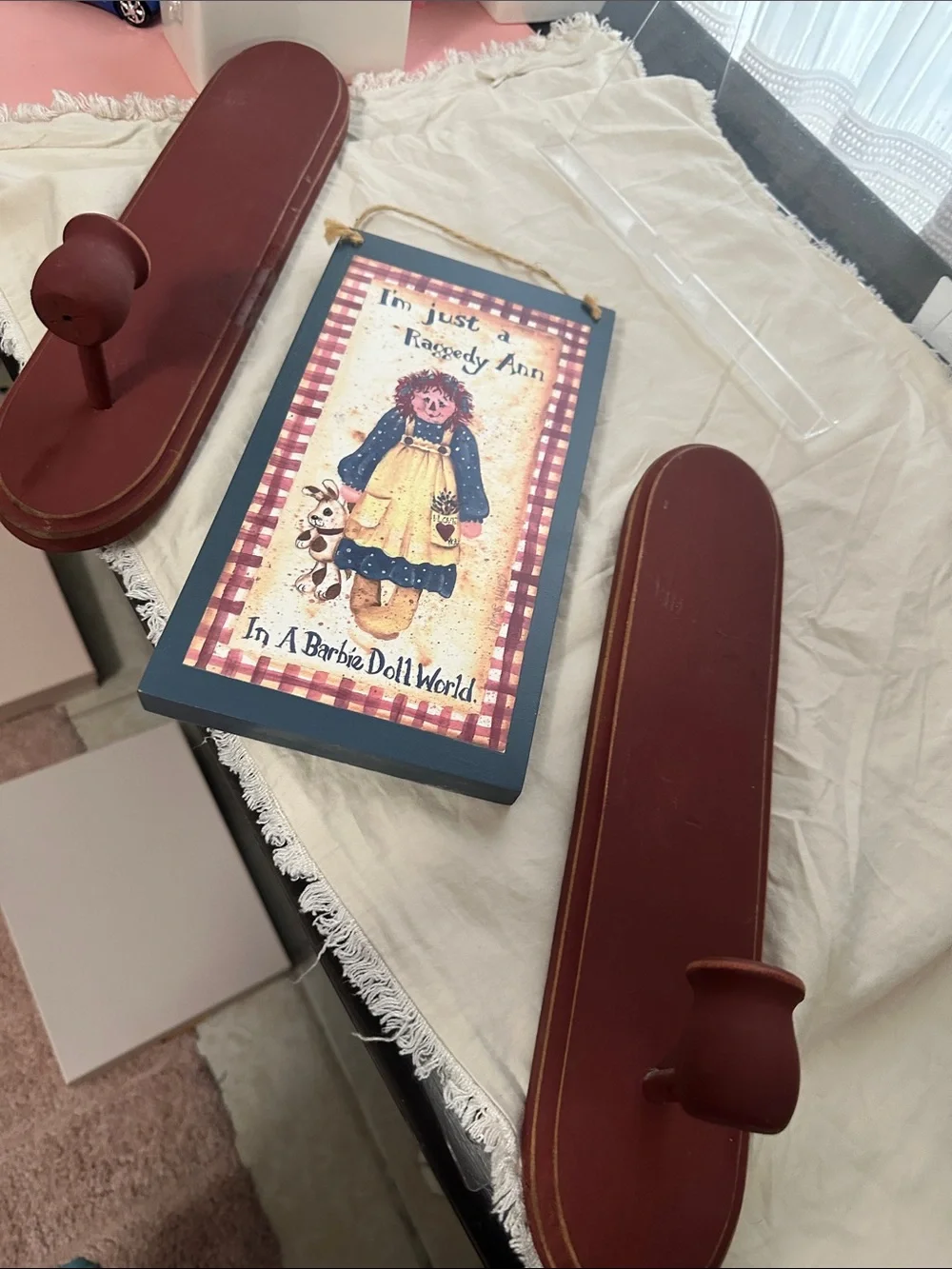 2 Rustic Wooden candle sconces and raggedy Ann picture Home Interior